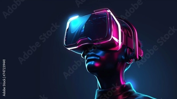 Fototapeta A figure is silhouetted against a dark background, illuminated by the vibrant hues from the VR headset, symbolizing a visionary's journey into virtual realms.