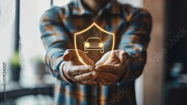Fototapeta A man is holding a shield with an image of an automobile on it. notions of safety, rented cars, and auto insurance