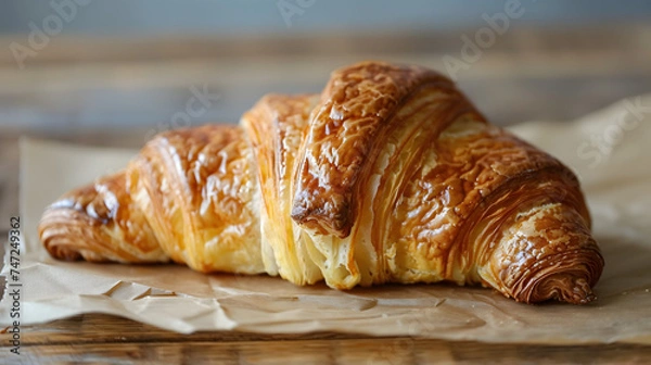 Fototapeta Croissant on wooden table with French bakery vibes.