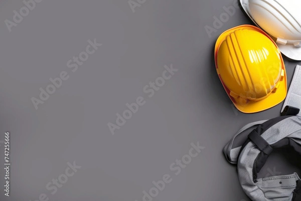 Fototapeta Top view World day for safety and health at work ,stripe grey and black background , Labour day with safety yellow halmet , Headphone and an equipment