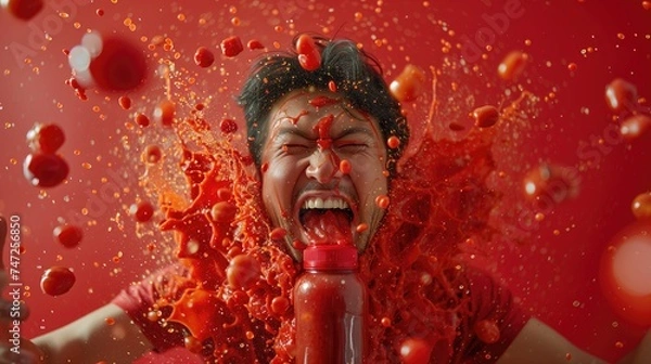 Fototapeta A person squeezes a ketchup bottle too hard, causing a comical explosion of ketchup that splatters across their face and clothes, comic situation, fast food addiction concept. 
