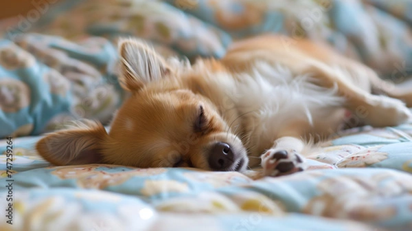 Fototapeta Golden chihuahua puppy sleeping peacefully on the bed.