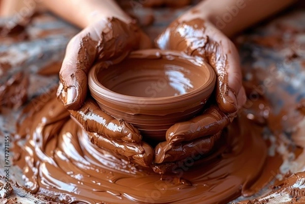 Obraz clay on potters table with hands forming clay pot professional photography