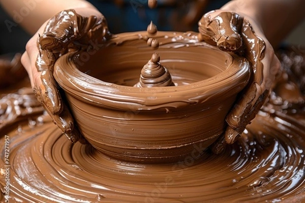 Obraz clay on potters table with hands forming clay pot professional photography