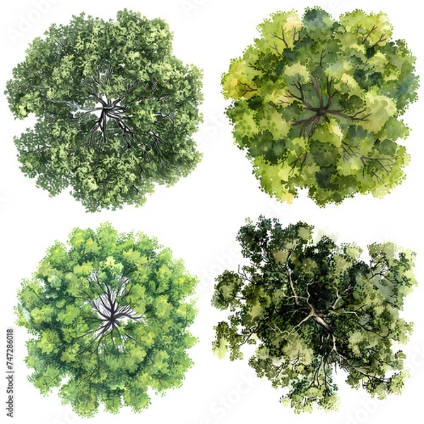 Obraz 4 Trees top view, watercolor style vector trees
