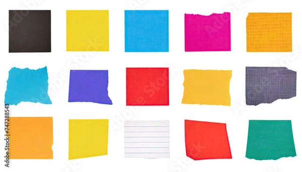 Obraz Collection set of of different colorful stripes adhesive tape, different shapes and colors scraps,  various color paper piece  isolated on a transparent background. PNG cutout or clipping	
