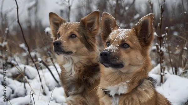 Fototapeta Two Icelandic Sheepdogs in Snowy Weather