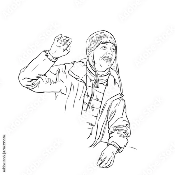 Obraz Portrait of happy woman in winter clothes talking to someone, laughing and waving with raised hand, vector sketch, monochrome line art hand drawn illustration of people with positive emotions
