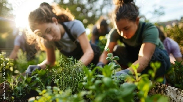 Fototapeta A group of workers tend to a community garden on the factory grounds growing herbs and vegetables for use in the production process.