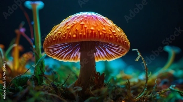 Fototapeta Magical View of  Mushrooms in forest with dew