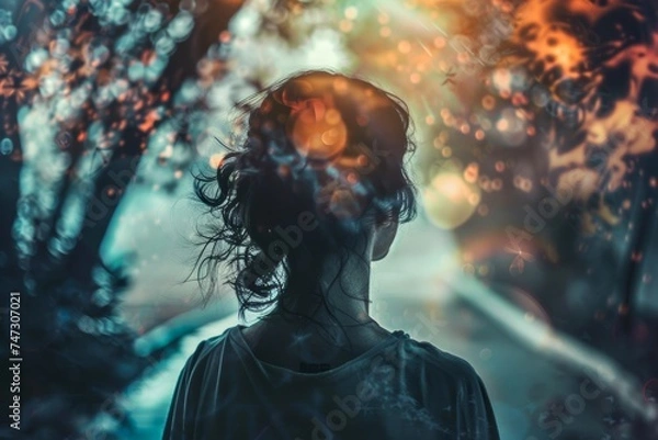 Obraz A woman gazes in awe at the blinding light, her face illuminated with wonder and curiosity, captured in a screenshot of a captivating outdoor moment