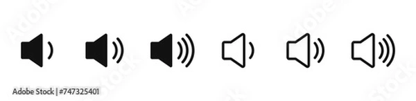 Obraz Sound volume icons set with different signal levels on white background. Аn icon that increases and reduces the sound. Sound icon, volume symbol, speaker sign, audio control icon set. Vector