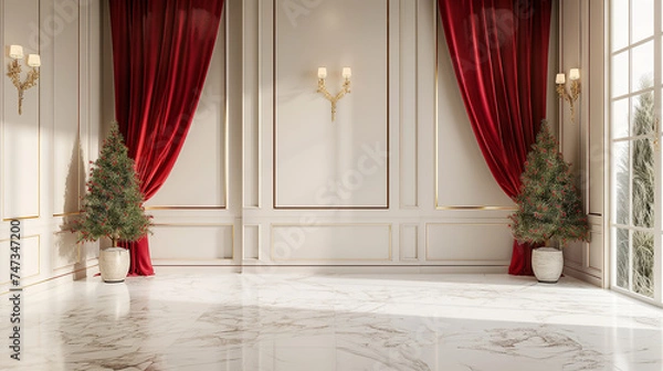 Fototapeta White marble room luxury and modern style with red curtain and christmas tree,