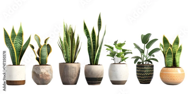 Fototapeta collection of small indoor plants , various Sansevieria plants in different pots. isolated on white or transparent