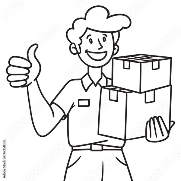 Fototapeta Illustration of a delivery boy with packages in his hand showing thumbs up. Monochrome outline vector.