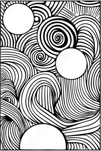 Obraz Black and White Drawing of Circles and Waves, coloring page