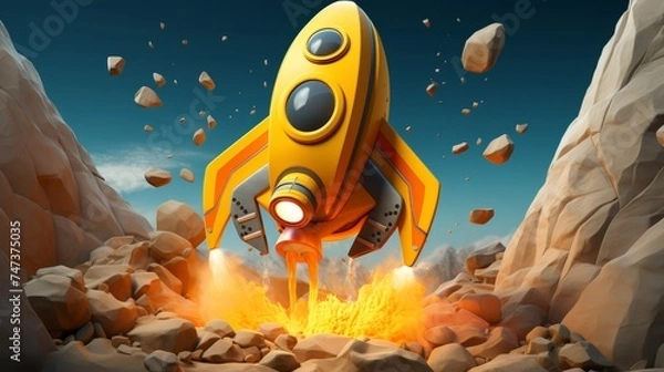 Obraz 3d rocket takes off into the sky, providing ample space for your custom text and captions