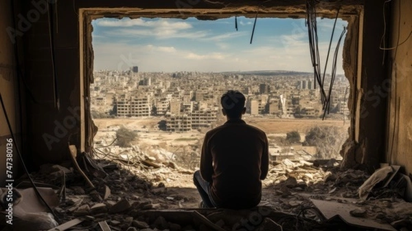 Fototapeta old looking at destroyed city from inside his home