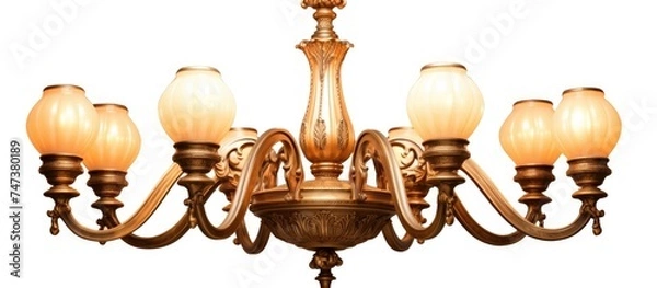 Fototapeta A vintage chandelier hangs from the ceiling, featuring six lights illuminated. The intricate design and craftsmanship of the chandelier add elegance to the space.