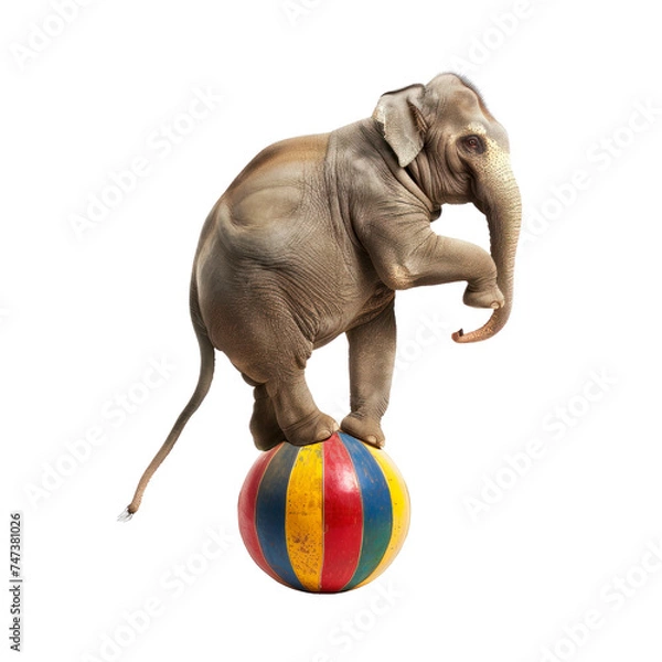 Fototapeta Circus elephant on a ball. Isolated on transparent background.