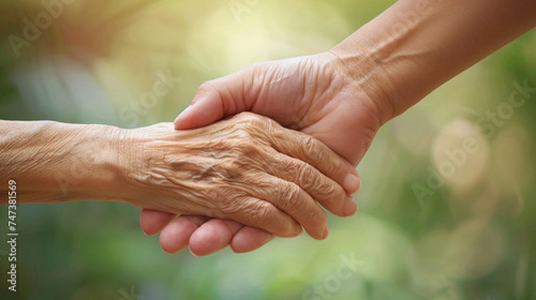 Fototapeta A young hand gently holding an elderly hand, symbolizing support and compassion, helping hands, care for the elderly, blurred background, with copy space