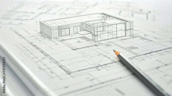 Fototapeta Close-up of an architectural blueprint with a sharp pencil, highlighting detailed planning of a modern structure