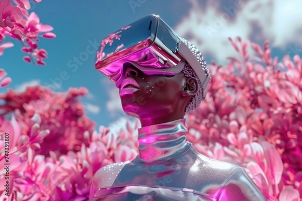 Obraz Depicting a person in a futuristic suit with VR goggles in a field of saturated pink blossoms