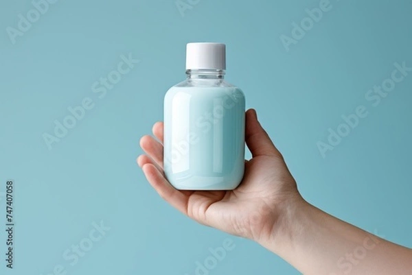 Fototapeta Caucasian Womans Hand Holding Vibrant Blue Elixir Bottle. Minimalist Design with Clean White Lid, Label-Free. Against Serene Blue Background, Evoking Sophistication, Mystery, and Elegance.