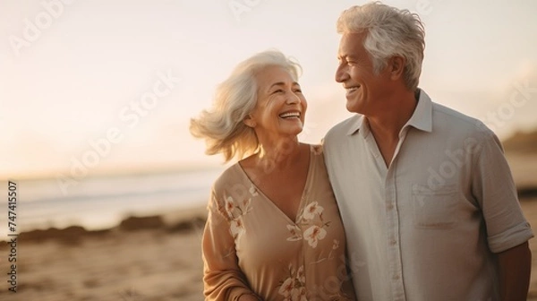 Fototapeta Capture the beauty of a couple of old mature people walking on the sand together, having fun on the beach, and truly enjoying and living in the moment. 