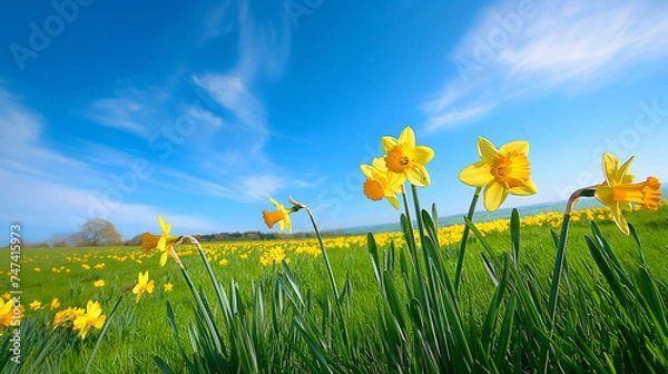 Obraz Vibrant Daffodil Meadow Under Blue Spring Sky