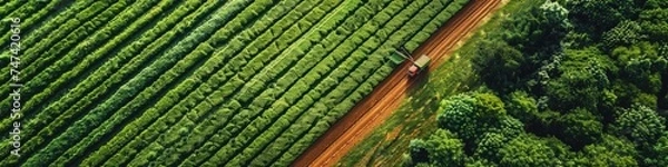 Fototapeta Aerial view of an expansive agricultural farm, view from sky, drone view.