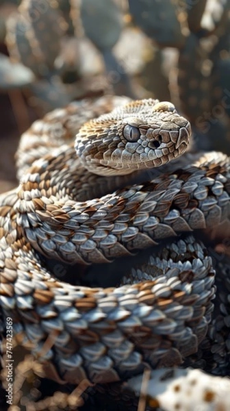 Fototapeta a coiled diamond back rattle snake, head on the bottom, emphasis on rattle tail