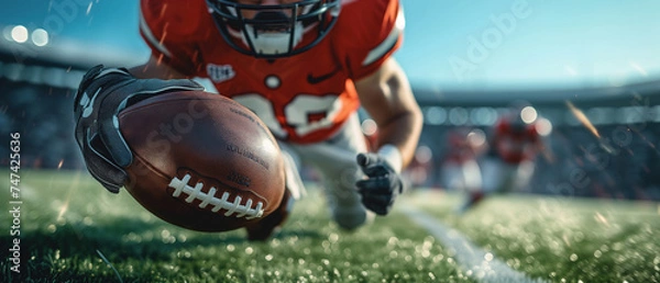 Obraz American football rugby sport banner, close-up of a football player in full equipment with a ball on the field