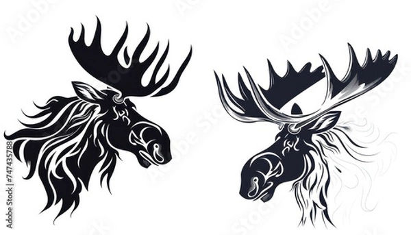 Fototapeta moose head collection vector, in the style of dark white and light black