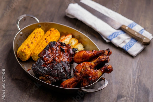 Obraz Plate with mixed bbq pork chicken corn