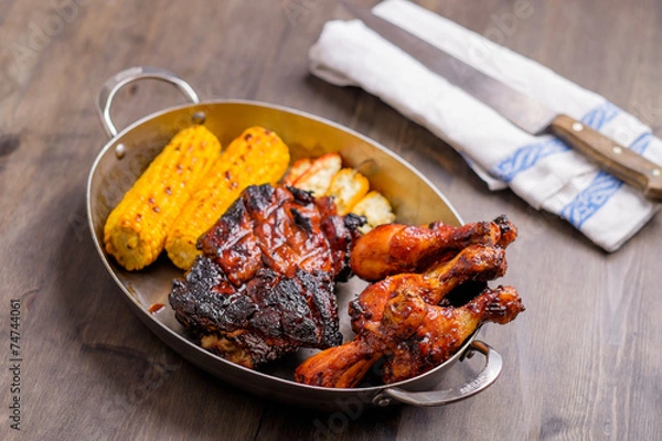 Obraz Plate with mixed bbq pork chicken corn
