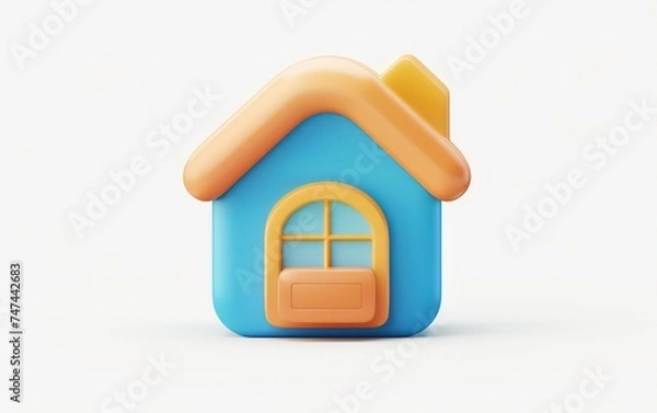 Fototapeta 3d house image of real estate a 3d rendered blue rounded square button, playful and colorful and bubbly pixelated
