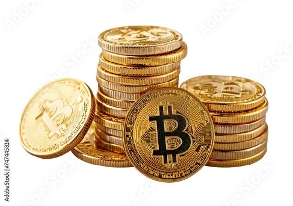 Fototapeta bitcoin stacks of brown coins dropping from isolated, white background, a 3d rendered rounded square button