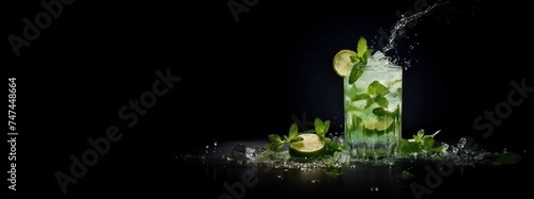 Fototapeta Mojito cocktail with lime, lemon, fresh mint, ice and splashes of water on the black background. A glass of citrus lemonade on the dark backdrop with copy space. 