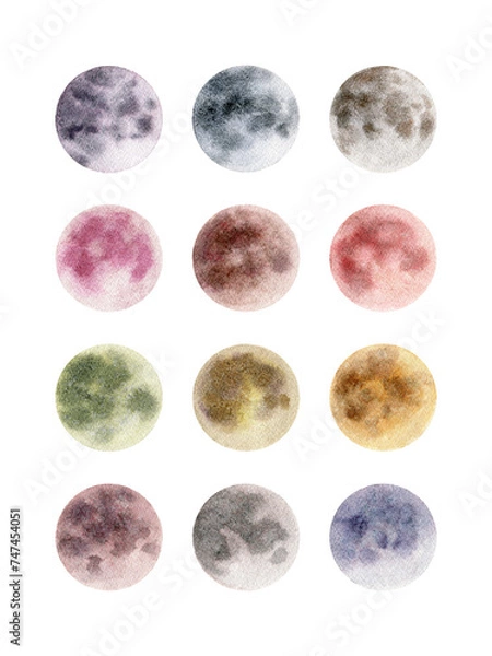 Obraz Full moon calendar watercolor art. Full moon names guide , monthly full moon calendar,  moon wall art. 