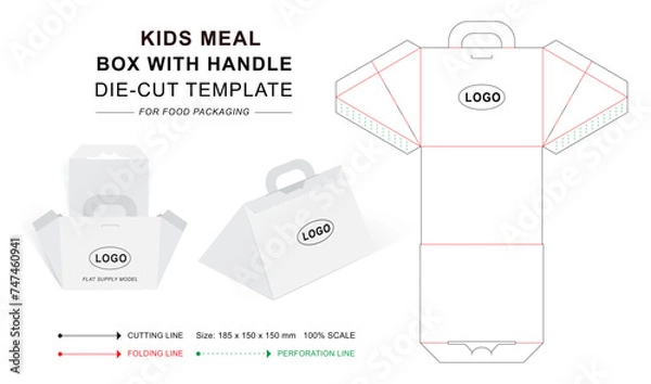 Obraz Gable meal box die cut template. Triangular 3D blank vector mockup, Handle box dieline