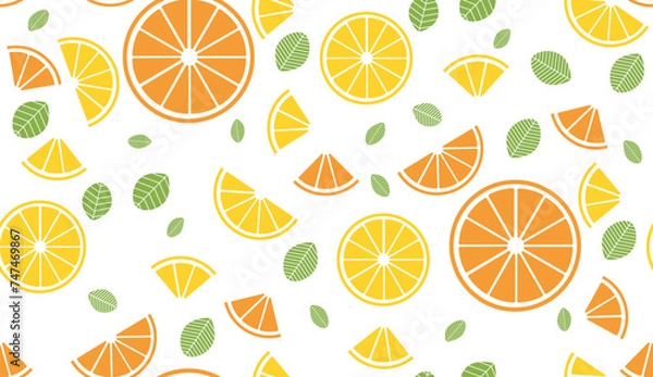 Fototapeta Colorful vector summer seamless pattern with fruits orange and lemon and mint illustration isolated on white background