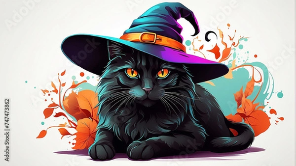 Obraz a black cat wearing a witch hat generative ai