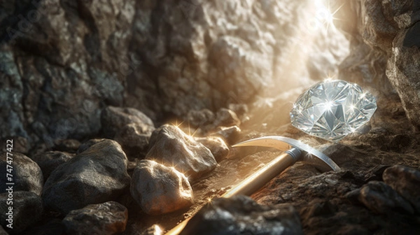 Fototapeta Miner's pickaxe lies on the ground next to a shiny diamond in the mine