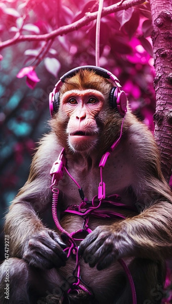 Obraz a monkey head with headphone generative ai