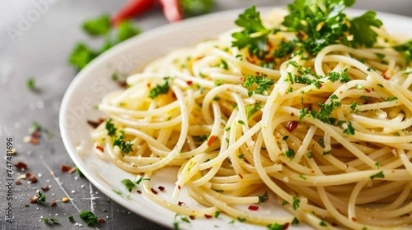 Fototapeta Classic Spaghetti Aglio e Olio. Al Dente Pasta Tossed with Garlic, Olive Oil, and Parsley. Spaghetti Aglio e Olio Garnished with Fresh Herbs and Red Pepper Flakes. A Traditional Italian Favorite