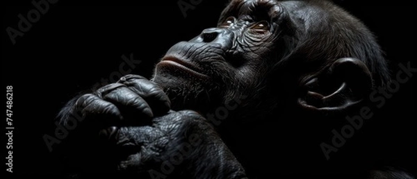 Obraz a close up of a monkey's face with it's hands in front of it's face.