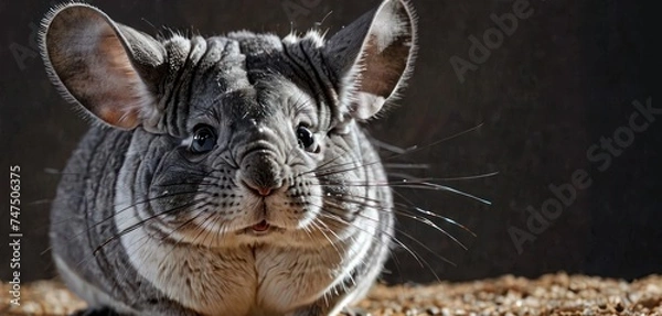 Fototapeta a close up of a gray and white animal on a bed of wood shavings in front of a black background.