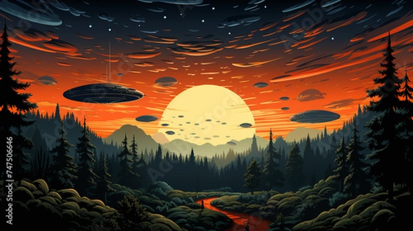 Fototapeta UFO, an alien plate hovering over the field, hovering motionless in the air.