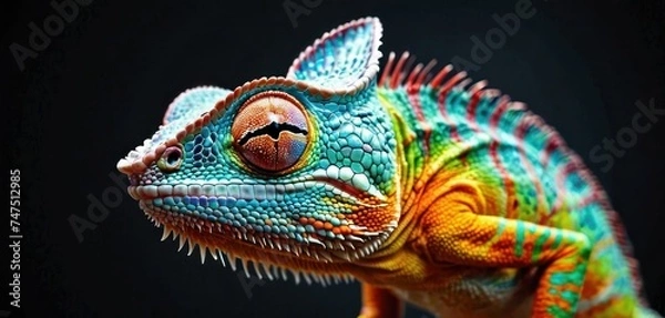 Obraz a close up of a colorful chamelon on a black background with a caption in the middle of the image.
